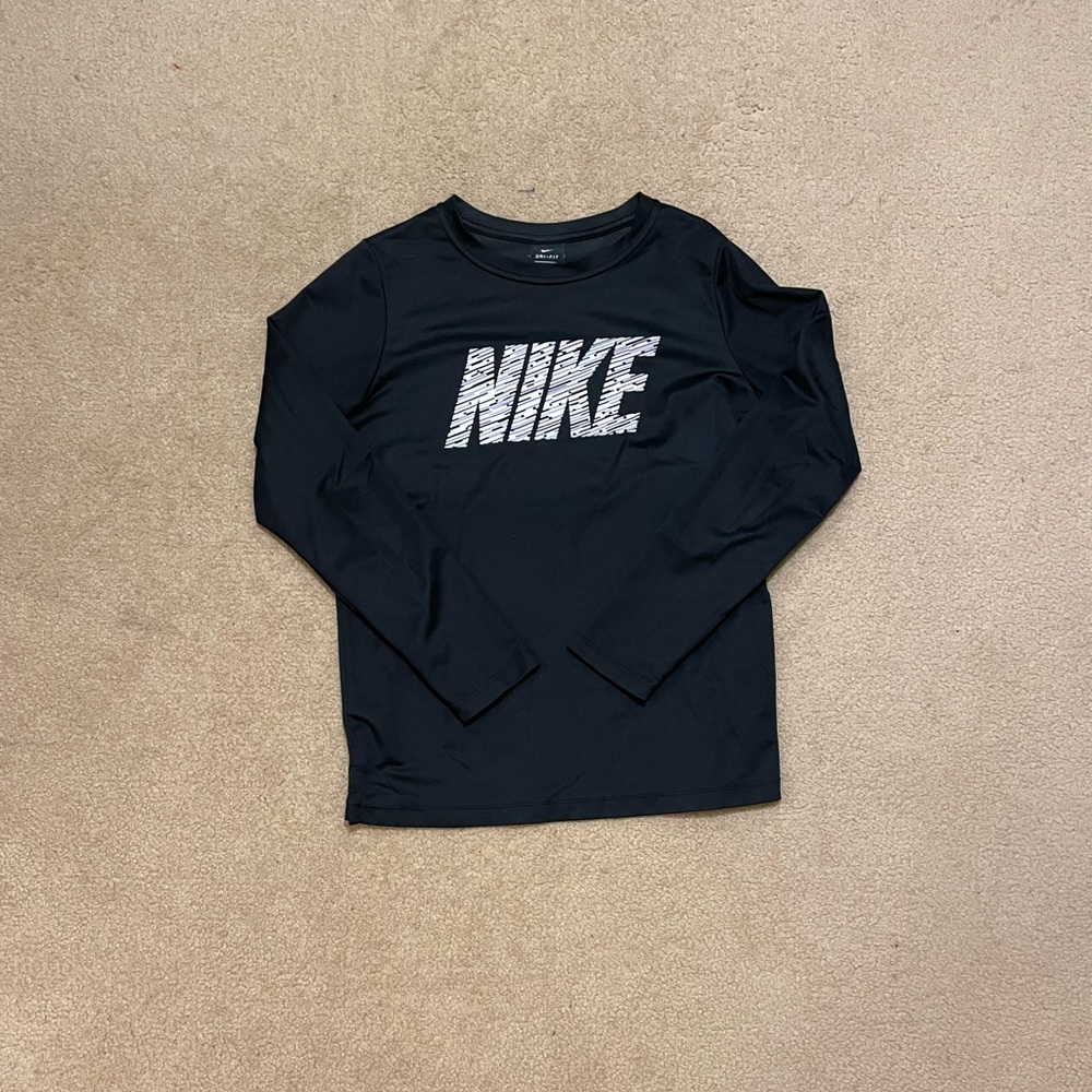 Black Nike Long Sleeve with white logo size youth large
